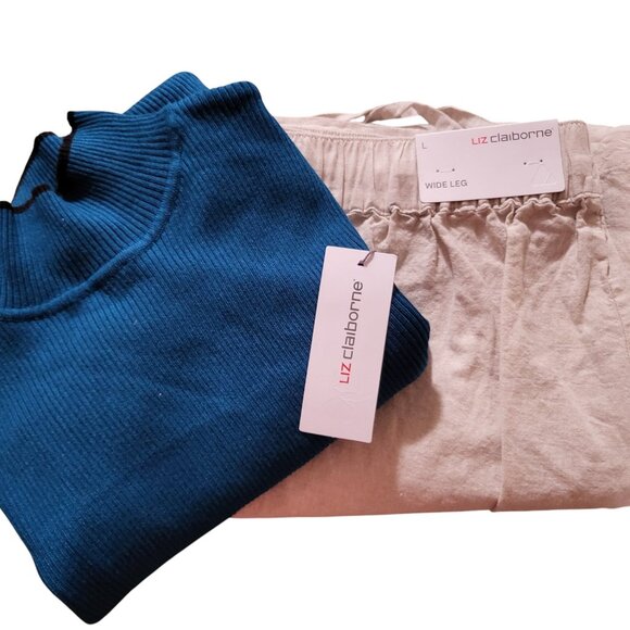 LIZ CLAYBORNE set 2 pieces Pants wide Leg color beige /Blouse turquoise women L - Picture 3 of 6